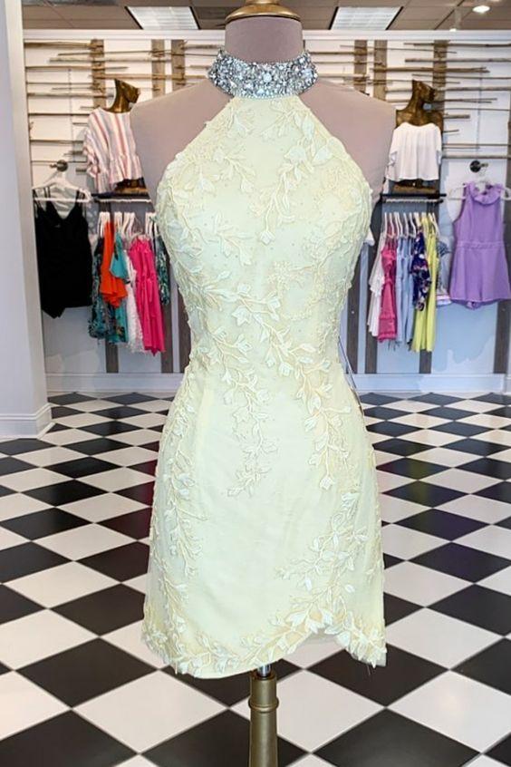 Tight High Suzanne Homecoming Dresses Lace Neck Yellow CD2961