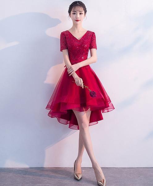 Burgundy V Neck Tulle Short Dress Burgundy Lace Alma Homecoming Dresses XXA2989