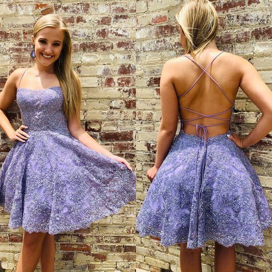 Cute Homecoming Dresses Lace Jaida Straps Purple Short CD3014