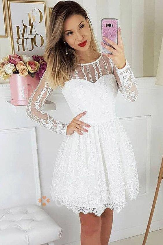 A-Line Round Neck Long Sleeves White Judy Homecoming Dresses Lace Short Party Dress XXA3017