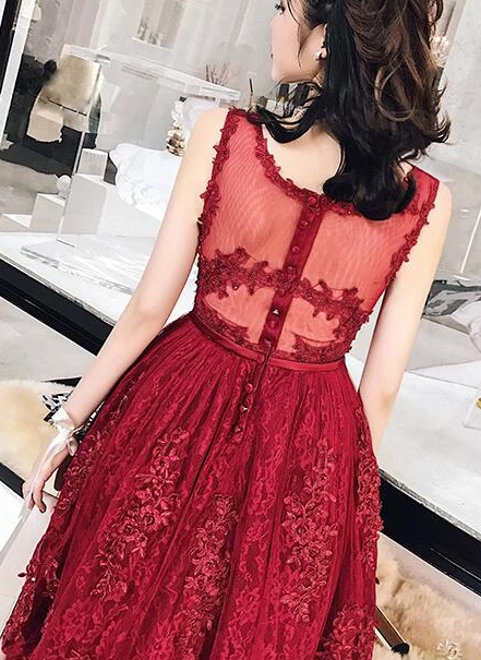 Charming Wine Red Tea Length Tulle Party Dress Lace Homecoming Dresses Lola XXA3026