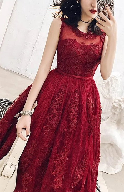 Charming Wine Red Tea Length Tulle Party Dress Lace Homecoming Dresses Lola XXA3026