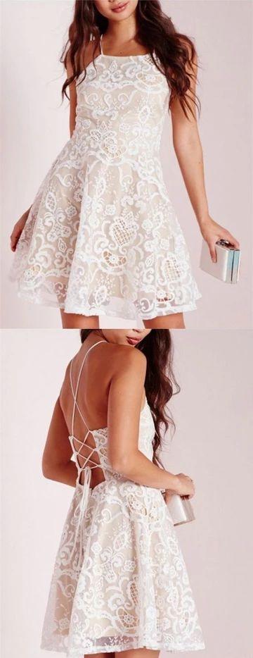 Modern Homecoming Dresses Lace Cheyenne White Halter Sleeveless Criss-Cross Straps Short XXA3065