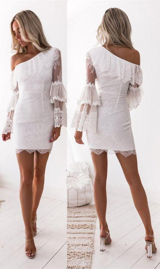 Sheath One Shoulder Long Sleeves White With Lace Aliana Homecoming Dresses Ruffles XXA3068