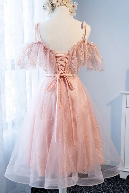 PINK TULLE LACE SHORT DRESS PINK TULLE Nathalia Homecoming Dresses LACE XXA3101