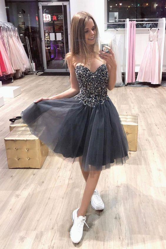 Homecoming Dresses Lace Marie Sweetheart Gray Tulle Beaded Up Short Party Dress XXA3108