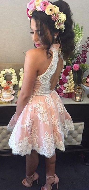 Germaine Lace Pink Homecoming Dresses High Neck Light Back O Short XXA310