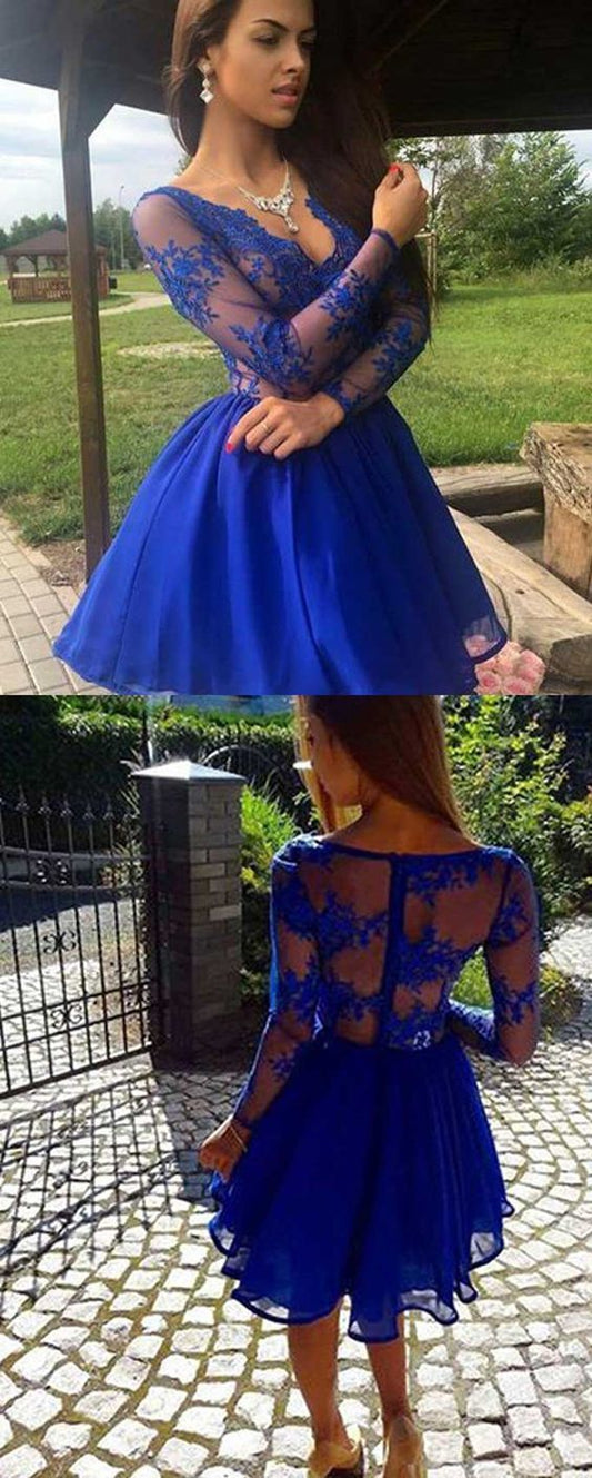 Long Sleeves Dresses Short Homecoming Dresses Royal Blue Lace Cassie Short XXA314