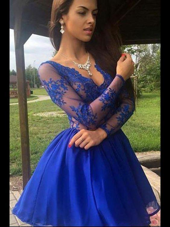 Long Sleeves Dresses Short Homecoming Dresses Royal Blue Lace Cassie Short XXA314