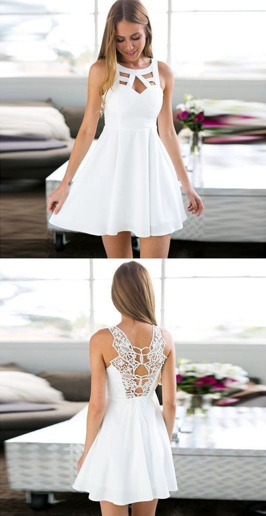 Simple Charming A-Line Kayleigh Homecoming Dresses Lace Jewel Keyhole White Short With XXA317