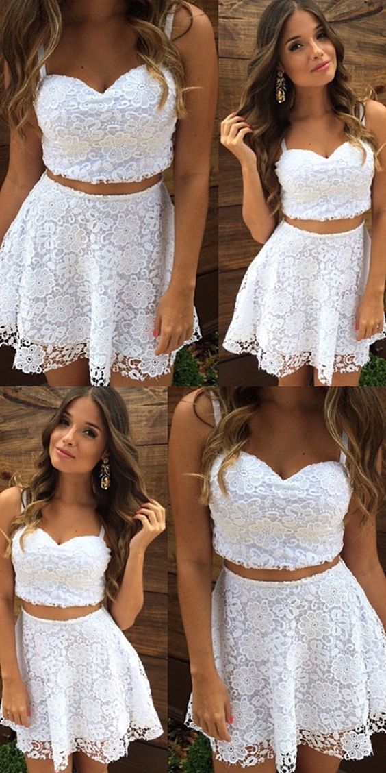 Two Homecoming Dresses Daisy Cocktail Lace Piece Straps Short White Dress Cheap CD319