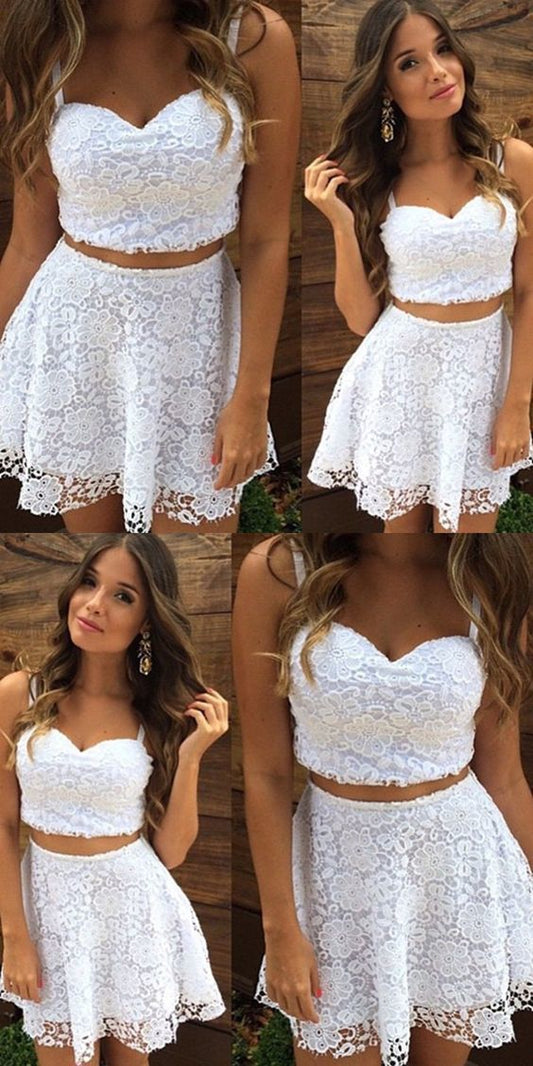 Two Homecoming Dresses Daisy Cocktail Lace Piece Straps Short White Dress Cheap CD319