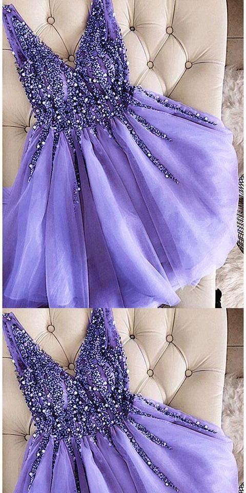 Cocktail Gretchen Homecoming Dresses V-Neck Beaded Short Lavender Custom Made Cute Party Dress CD3297