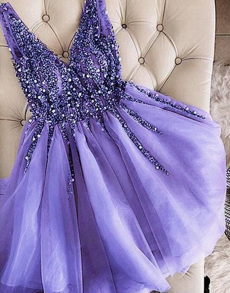 Cocktail Gretchen Homecoming Dresses V-Neck Beaded Short Lavender Custom Made Cute Party Dress CD3297