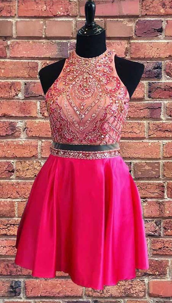 Beaded Two Piece Short Dress Hot Pink Carleigh Homecoming Dresses CD3311