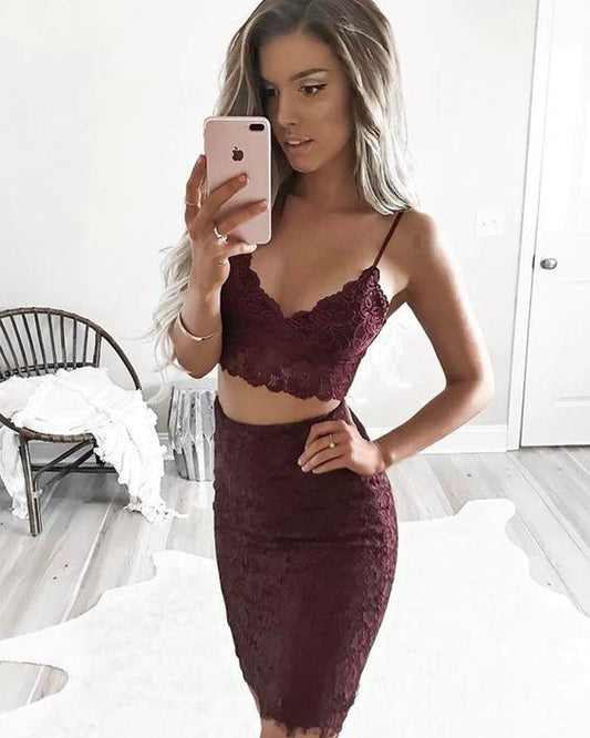 Two Piece Burgundy Spaghetti Homecoming Dresses Lace Melinda Straps Tight CD3319