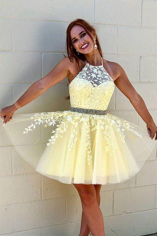 A Line Lace Homecoming Dresses Janiah Jewel Up Back Yellow With Appliques Beading XXA3338