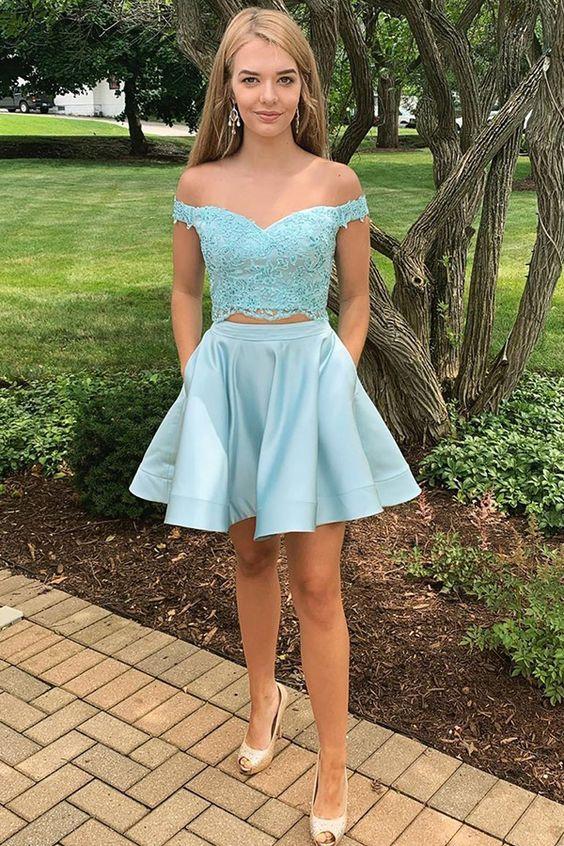 Two Piece Off-The-Shoulder Blue Homecoming Dresses Sara With Appliques CD3341