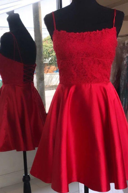 Straps Short Red With Up Homecoming Dresses Mireya Lace Back CD3429