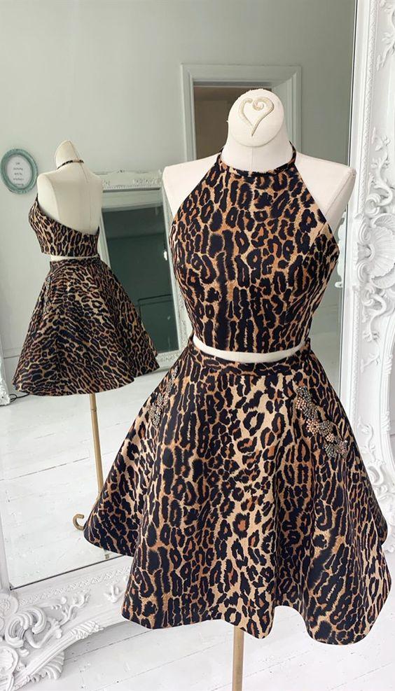 Backless Leopard Short Two Pieces A Line Homecoming Dresses Jazmine With Pockets CD3431