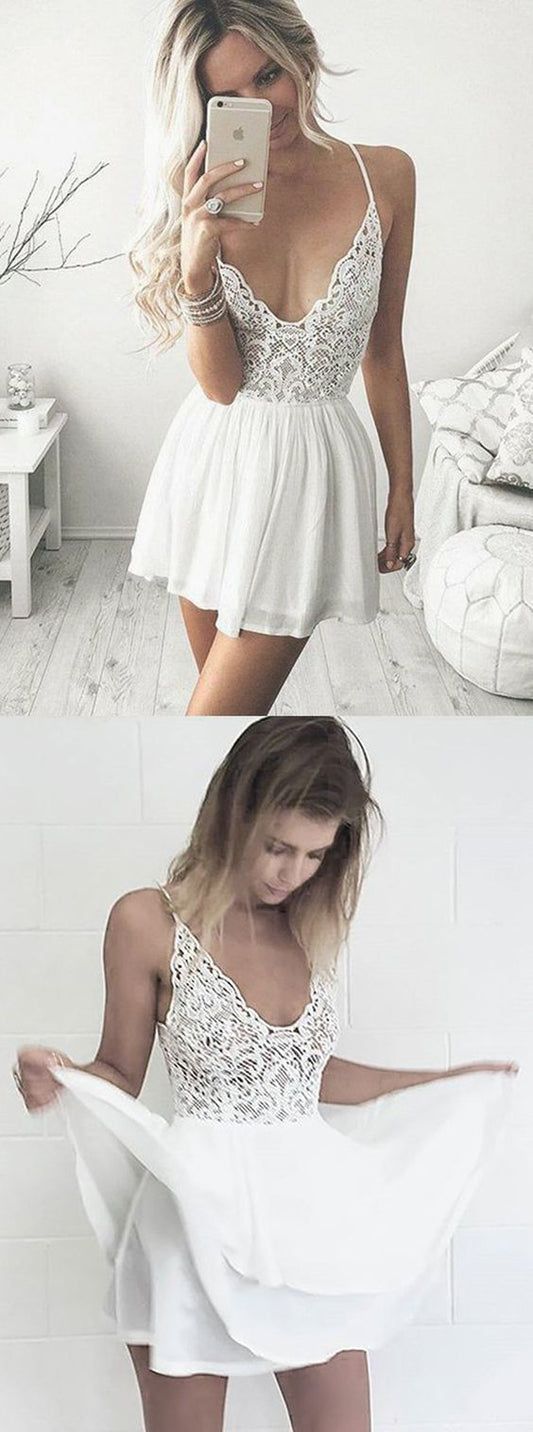 A-Line Spaghetti Straps Short White Dress With Short Homecoming Dresses Chiffon Lace Deja Cocktail CD344