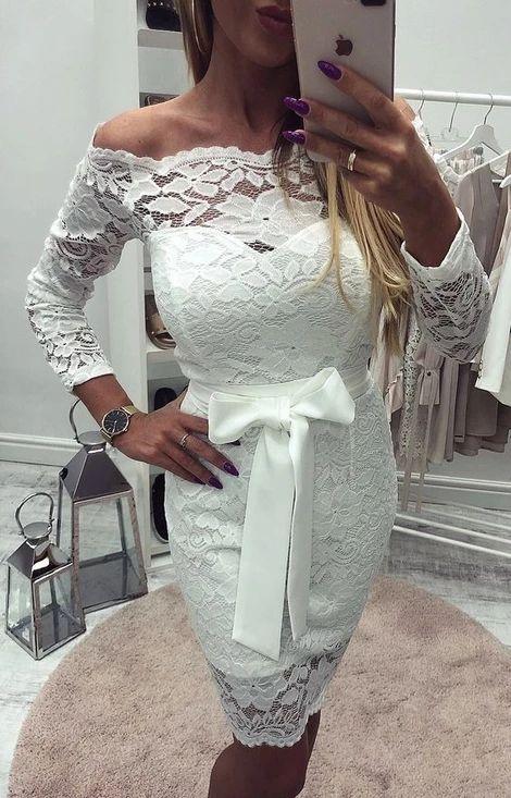 Homecoming Dresses Lace Ina Sheath Off-The-Shoulder Long Sleeves Above-Knee White XXA3499