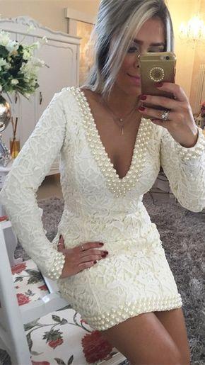 A-Line V-Neck Long Homecoming Dresses Lace Clara Sleeves Short/Mini With Pearls Dresses XXA352