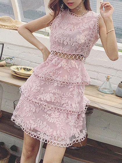 Cut Out Detail Lace Pink Kylie Homecoming Dresses Sleeveless Layered Sheer XXA3535