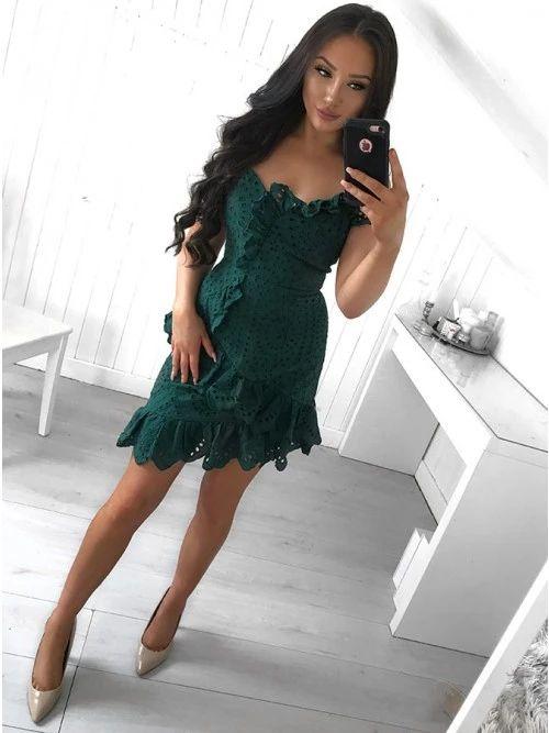 Stunning Tight Asymmetry Lace Kierra Homecoming Dresses Dark Green Short Formal XXA3580