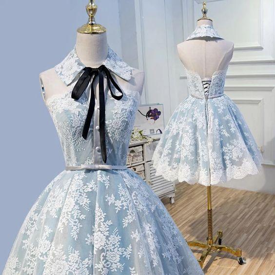 Halter Light Sky Homecoming Dresses Lace Cocktail Marisol Blue Appliques With Up Dresses CD3664