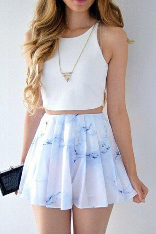 Two Piece Chiffon Pancy Homecoming Dresses Bateau Short Printed White CD368