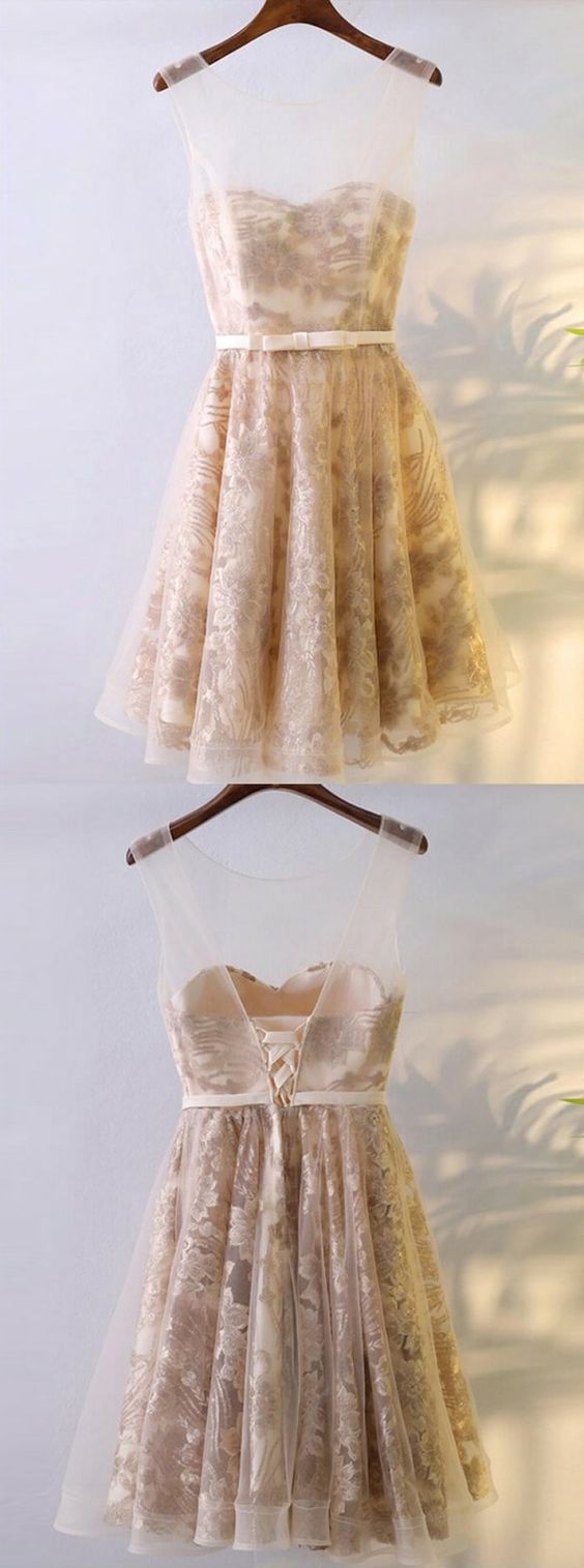 A-Line Boat Neck Ireland Homecoming Dresses Lace Knee-Length Champagne Tulle With XXA3703