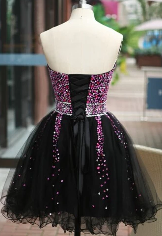 Lovely Beaded Maisie Homecoming Dresses Lace Black Tulle Short -Up Black Formal Dress XXA3716