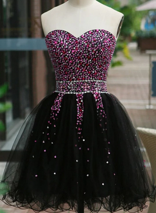 Lovely Beaded Maisie Homecoming Dresses Lace Black Tulle Short -Up Black Formal Dress XXA3716