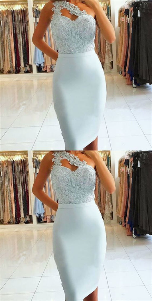 Sheath One Shoulder Light Homecoming Dresses Lace Madelyn Blue Knee-Length With Beading XXA374