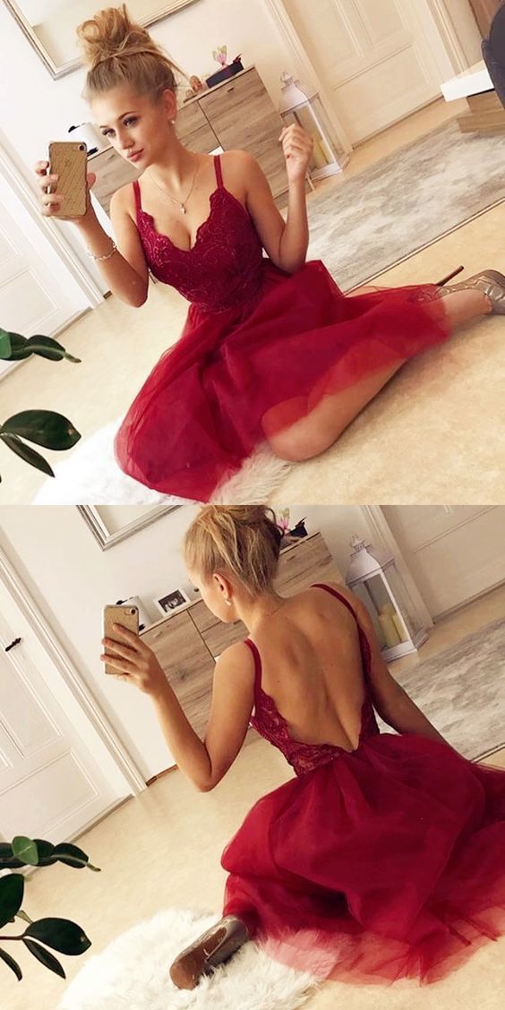 Sexy Backless Red Kate Lace Homecoming Dresses Sleeveless Tulle Short Party Dress With XXA377