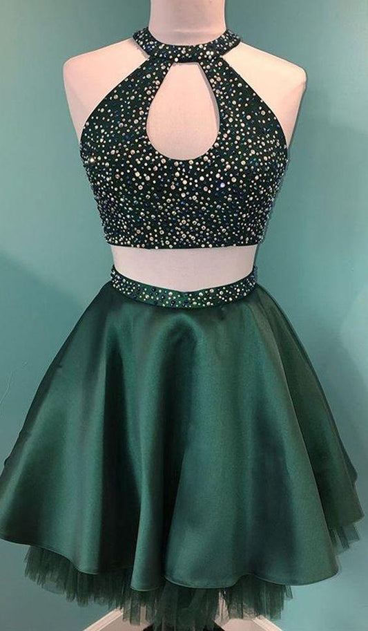 Unique Halter Beaded Satin Homecoming Dresses Journey Green Cute Two Piece CD3805