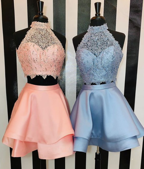 Two Homecoming Dresses Lace Ann Satin Piece Round Neck Short Blue With XXA3826