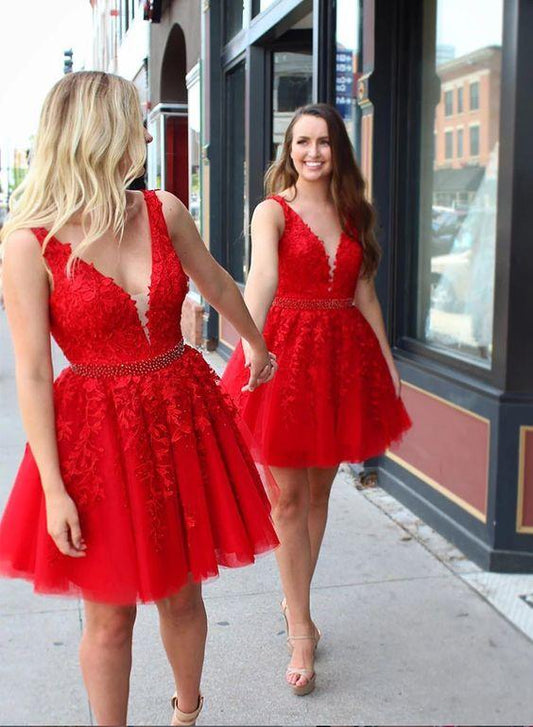 Cute Red Kamila Lace Homecoming Dresses V Neck Tulle Short Dress Red XXA3827