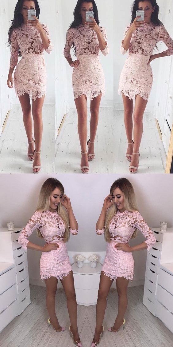 Sexy Long Sleeves Short Bodycon Dress Cheap Alexandra Lace Pink Homecoming Dresses XXA385