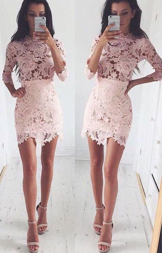 Sexy Long Sleeves Short Bodycon Dress Cheap Alexandra Lace Pink Homecoming Dresses XXA385