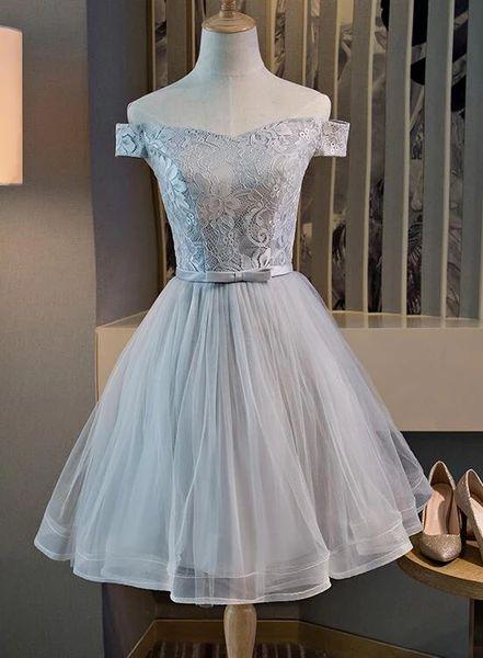 Cute Off The Shoulder And Tulle Knee Homecoming Dresses Lace Emilie Length Party Dress XXA3863