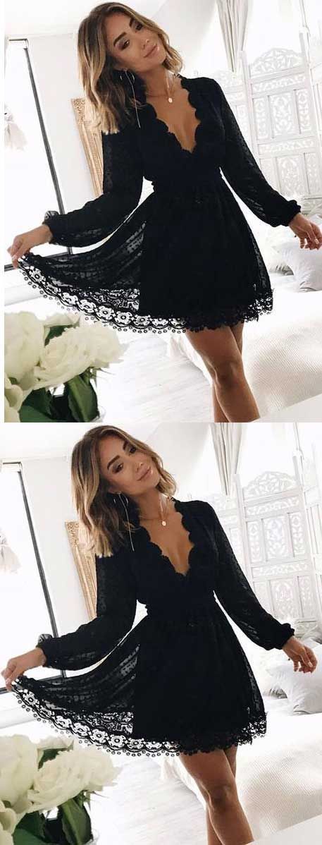 Romantic Nancy Lace Homecoming Dresses Deep Neck Long Sleeves Short Black CD390