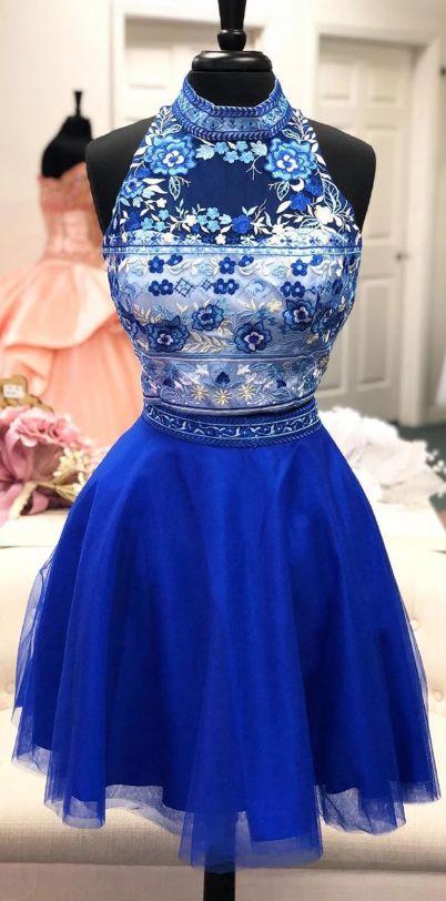 Two Piece Royal Blue Jill Homecoming Dresses With High Neck And Floral Top CD3900