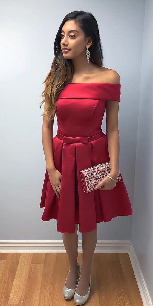 Jenny Homecoming Dresses Satin Off Shoulder Red Short Dress Custom Made Short Fashion Short Simple School Dance Dress XXA3901