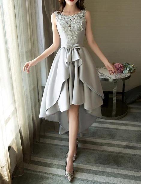 Grey And High Low Homecoming Dresses Lace Mckenna Satin Party Dress Round Neckline Charming XXA3965