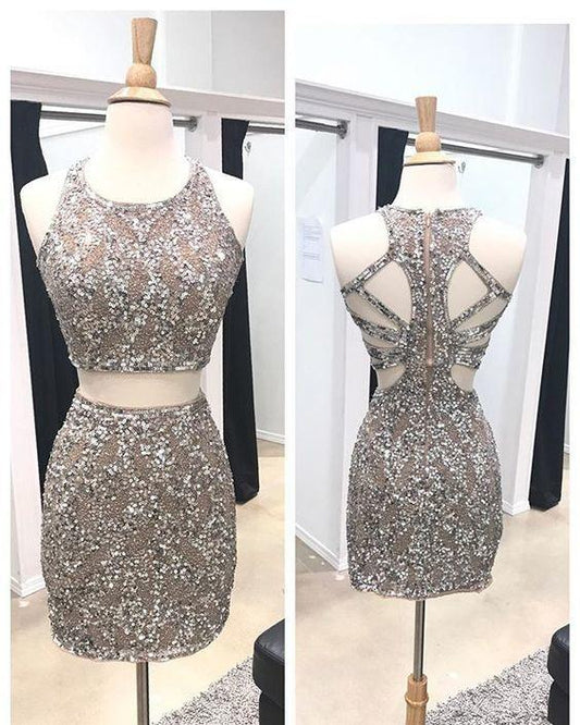 Two Piece Homecoming Dresses Hailie Beaded Sheath Open Back CD3996