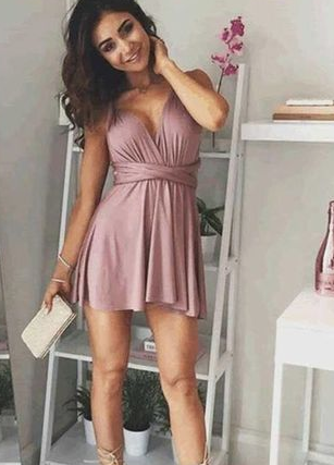 A-Line Deep V-Neck Kali Homecoming Dresses Pink Lace Chiffon -Up Blush XXA3998