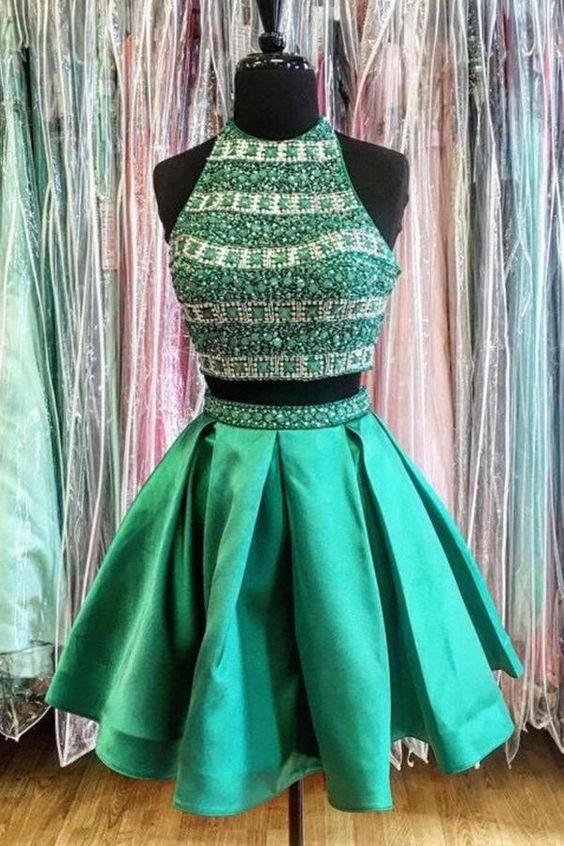 Morden Green s Beading Satin Two Pieces Allison Homecoming Dresses Round Neck Short CD4003