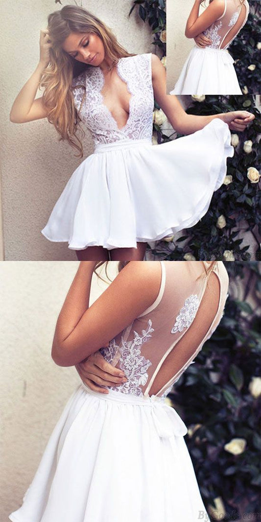 Elegant Deep V Neck Homecoming Dresses Lace Yuliana Short White Party Party Dress XXA4063